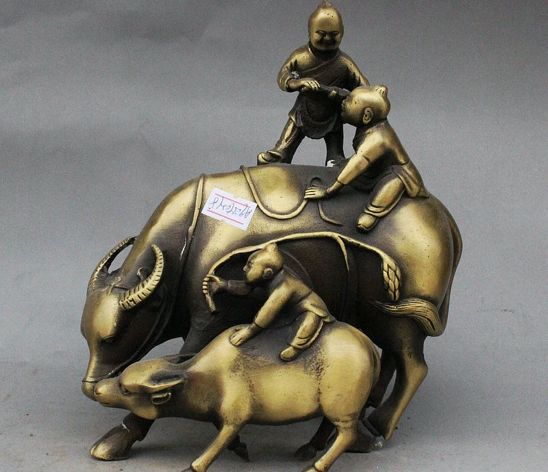 

7" Old China Royal Bronze Auspicious 3 Kid Children Boy Ride Bull Ox Calf Statue
