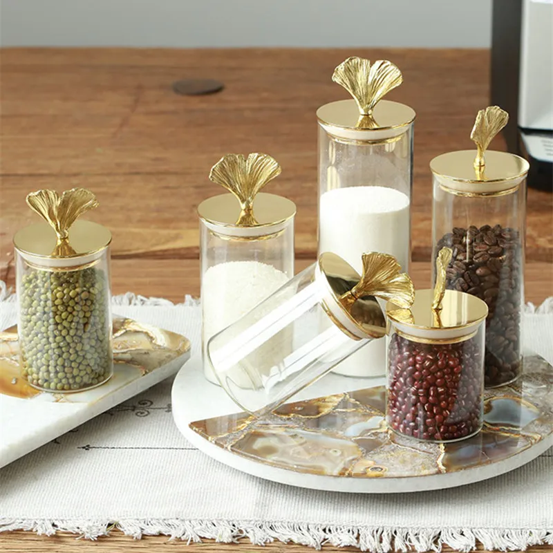 brass ginkgo leaf Glass Jar Candy jar transparent coffee bean candy cans block sealed jar Tea Storage bottle bonbonniere bocal