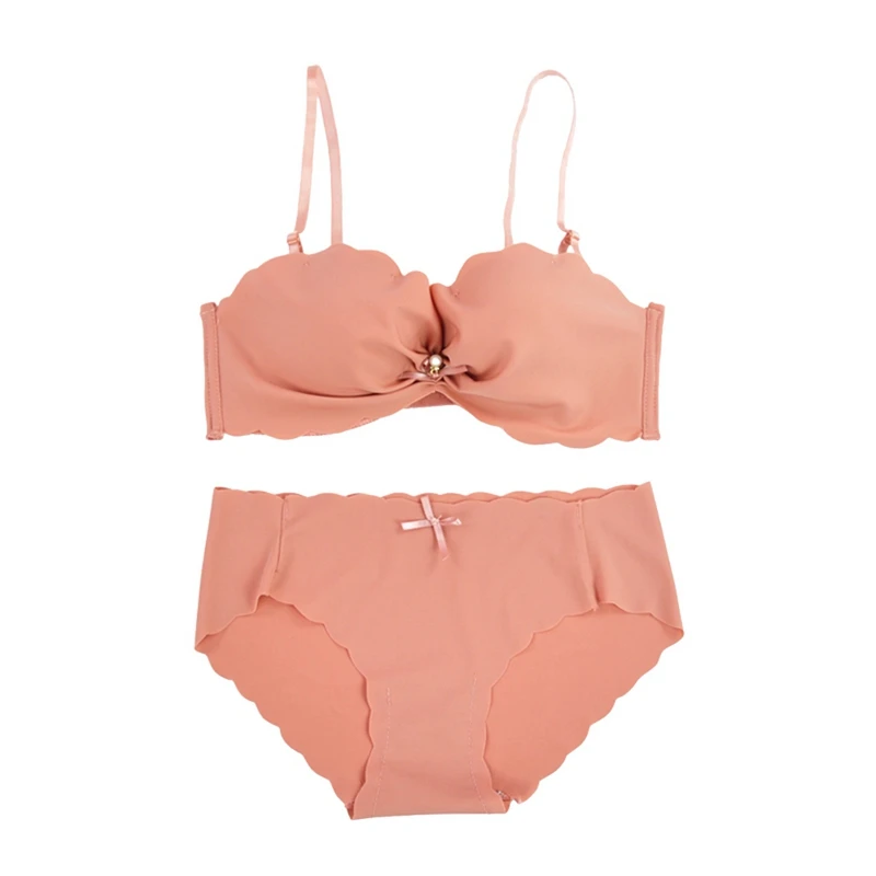 

Women Sexy Underwear Set Gathered Without Steel Ring Bow Solid Color Bra + Briefs Half Cup Padded Push Up Bra Briefs Sets