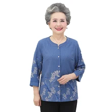 Grandma Mother Shirts Red Blue Green Flower Pattern Print Tops Women Round Collar Three Quarter Sleeve Blouses Button Front Top Grandma Mother Shirts Red Blue Green Flower Pattern Print Tops Women Round Collar Three Quarter Sleeve Blouses Button Front Top