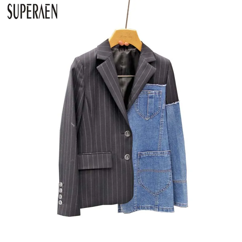 

SuperAen Europe New Fashion Temperament Women Jackets Stripe Stitching Denim Casual Suit Coats Female Wild Tops Autumn 2018