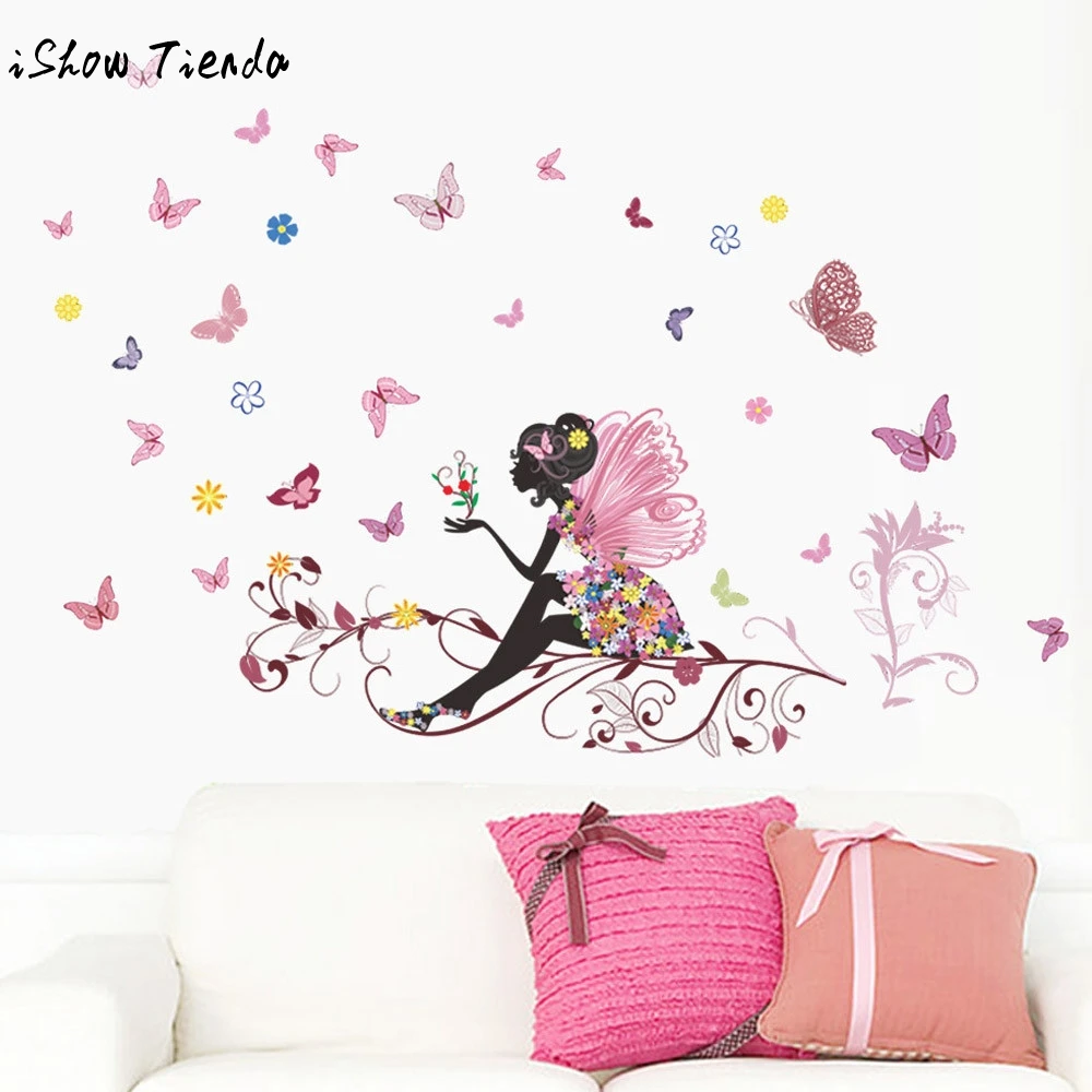

120cm*80cm Charming Fairy Girl New Butterfly Flower Fairy For Kids Bedroom Walls stickers Art Sofa Decoration