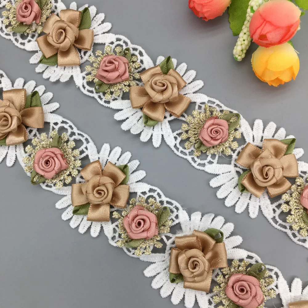 

2 yard Eyelash Rose Flower Gold Handmade Embroidered Lace Trim Ribbon African Laces Fabric Vintage Wedding Applique Sewing Craft