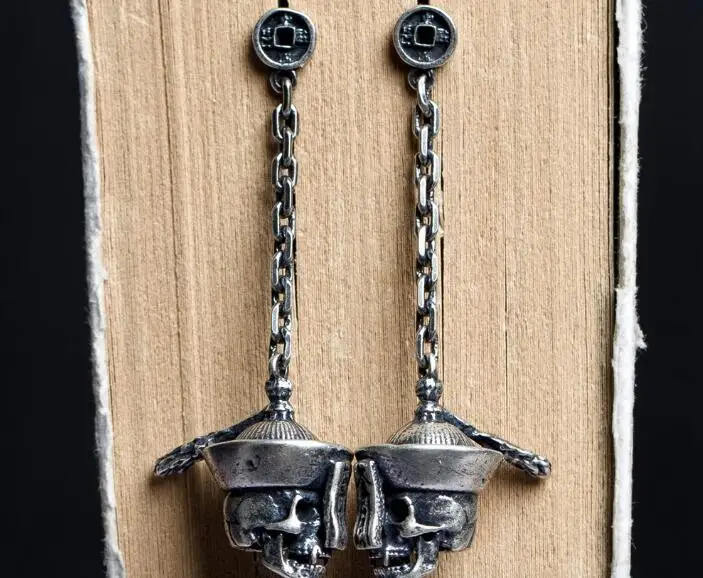 В готическом стиле и стиле панк Творческий 925 твердого стерлингового серебра Винтаж череп длинные висячие серьги антикварные ювелирные изделия аксессуары