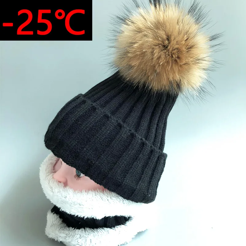 2018 Children Winter Raccoon Fur Hats 100/% Real Fox Fur Pompom Beanies Natural Fur Hat for Kids Girls Skullies