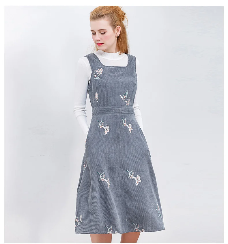 HELIAR Winter Sleeveless Embroidery Corduroy Dress Elegant Women Velvet Dress A-Line Dresses Pocket Grey Vintage Vestidos