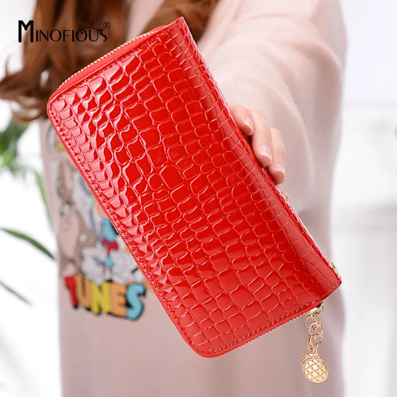 

MINOFIOUS Wallet Female Patent Leather Women Long Wallets High Quality Stone Leather Clutch Purse Fashion Casual Money Purses