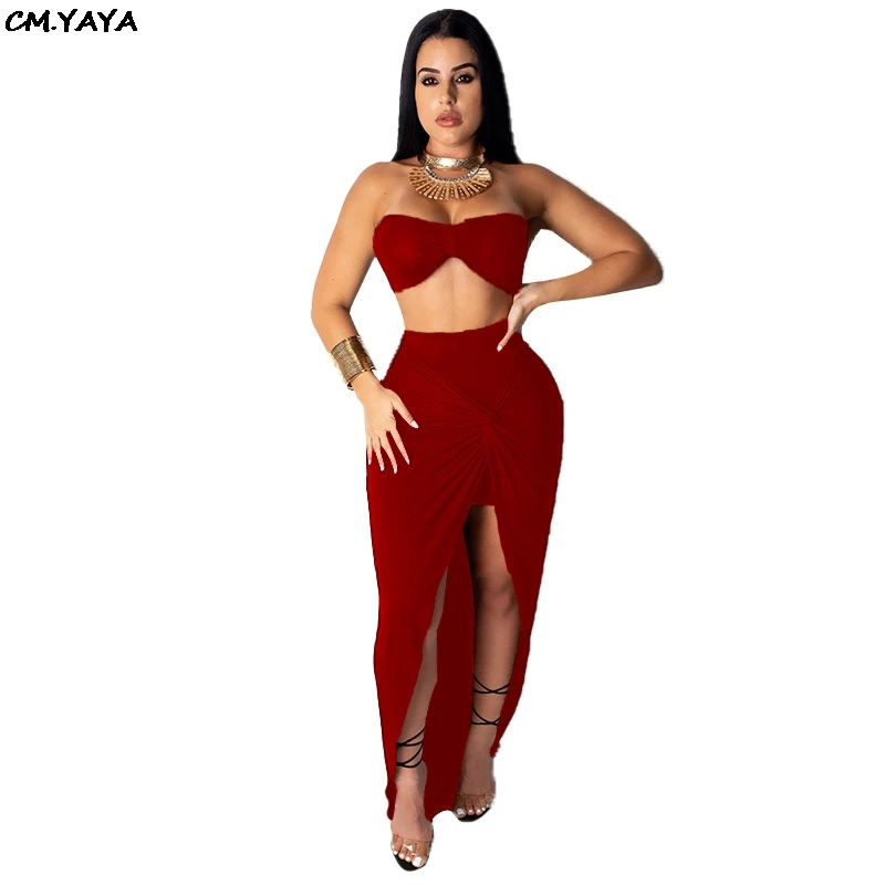 

2019 women beach two piece set midi dress strapless crop top high side split tie up midi maxi skirts suit tracksuit 4color K9370