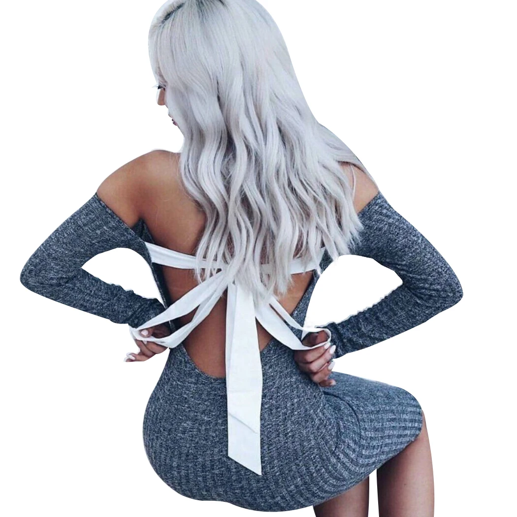 

Sexy Women Knitted Dress Backless Off Shoulder Lace Up Bow Sweater Dress Ladies Long Sleeve Party Mini Dresses Bodycon Vestido