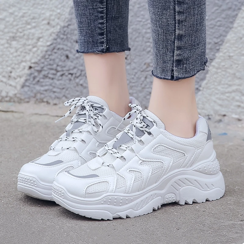 

Women Chunky Sneakers Breathable Mesh+PU Women Casual Shoes Lace-up Thick Soles Student Flats Ladies Shoes zapatos de mujer k16w