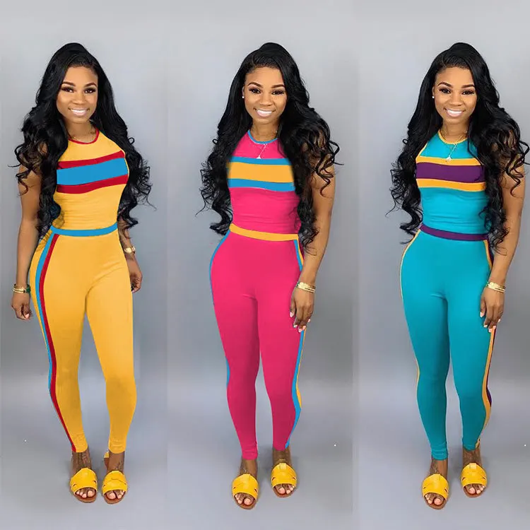 

2019 Women's Summer Tank Top Tee Pencil Pants Suit 2 Piece Sport Set Tracksuit Active Wear Suit 3 Color M6161