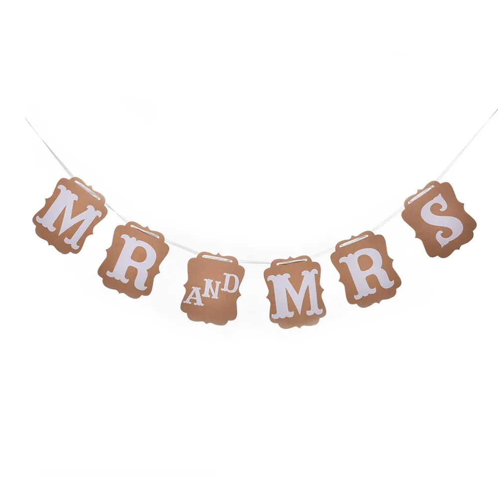 rustic Kraft paper Wedding decoration flag Garland Wedding banner with white ribbon Party Decorations(MR AND MRS)