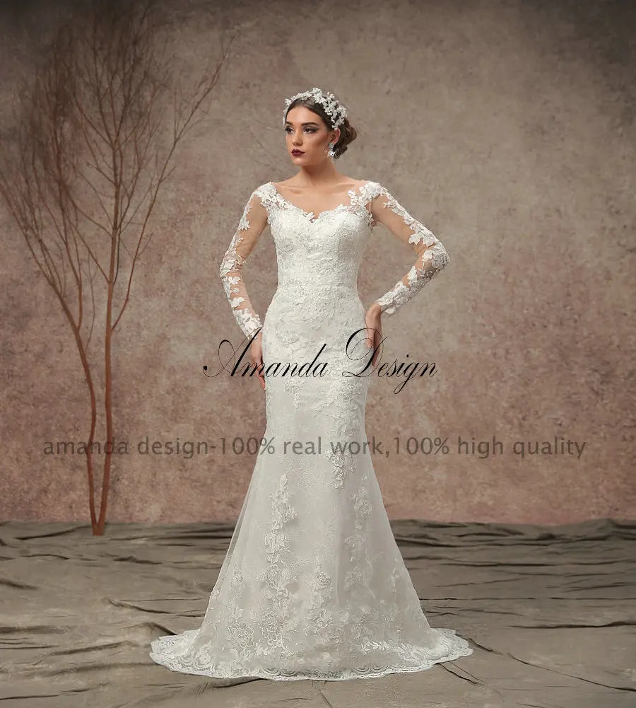 Аманда дизайн nikah elbiseleri с длинным рукавом Кружева аппликация Русалка свадебное платье со съемной юбкой