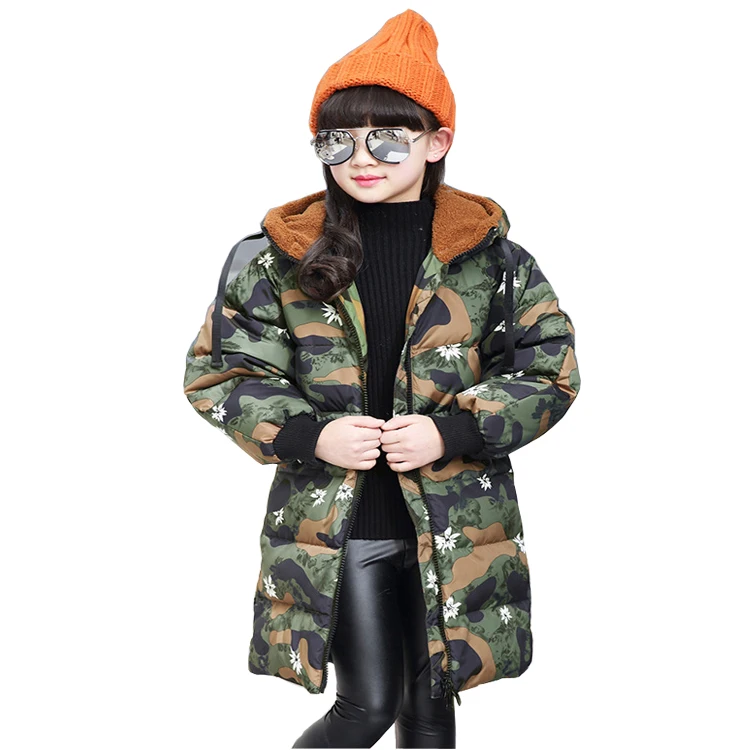 

4~10T Teenage Big Girls Winter Down Jackets for the Girl Outerwear Army Color Long Style Loose Sleeve Coat Meisjes Winterjas