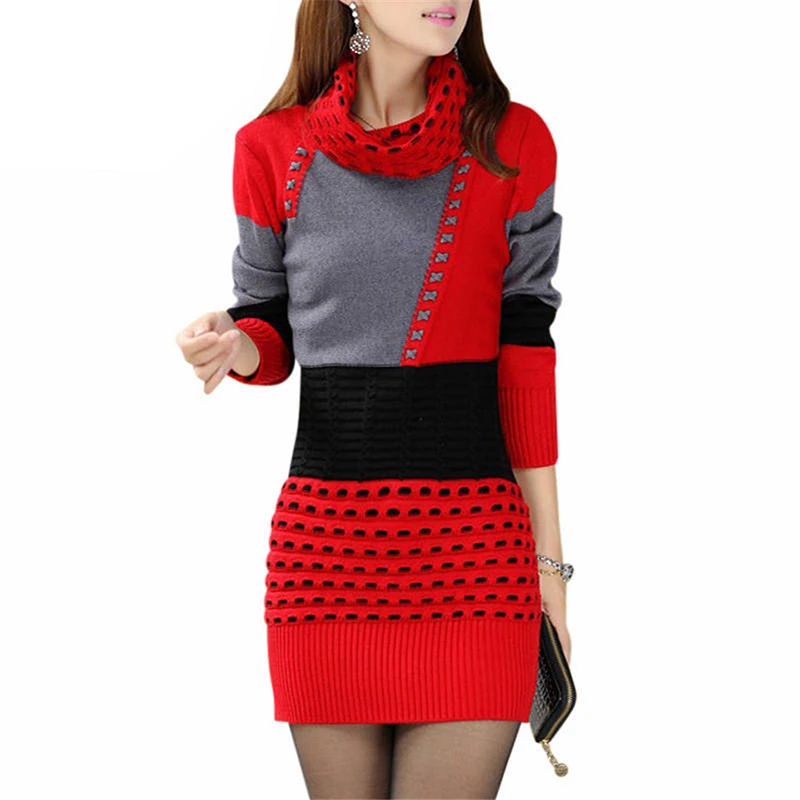

Autumn Winter Sweater Dress Women Turtleneck Sexy Pullovers Knitted Dress Female Thick Warm Long Sleeve Dresses Vestidos SF417