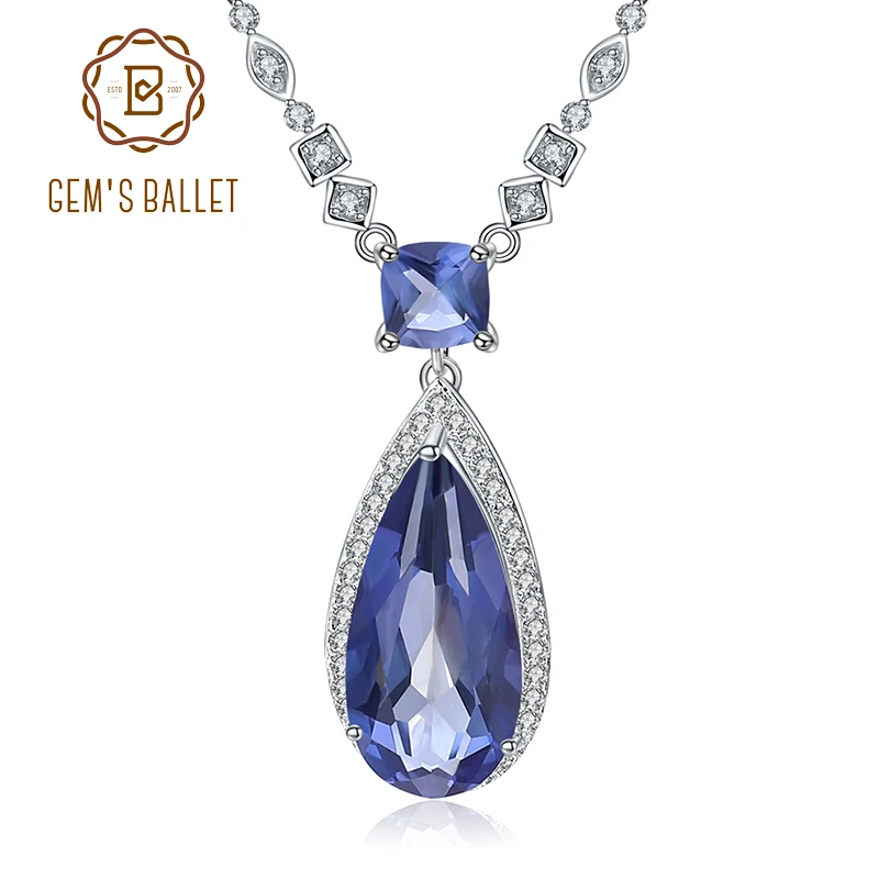 

GEM'S BALLET 925 Sterling Silver Fine Jewelry 9.05Ct Natural Iolite Blue Mystic Quartz Gemstone Pendant Necklace For Women