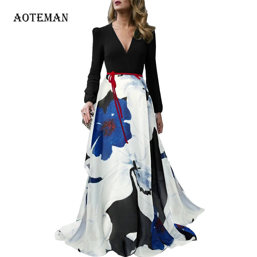 

Elegant Print Long Ball Gown Dress 2019 Casual Vintage Belt Lantern Sleeve Party Dresses Sexy V Neck Autumn Winter Dress Women