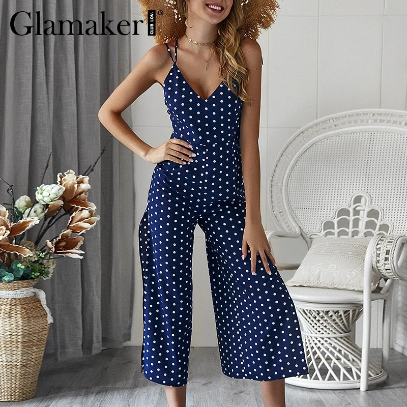

Glamaker Sexy polka dot print backless jumpsuit Women summer high split v neck loose jumpsuit Female elegant party club overalls