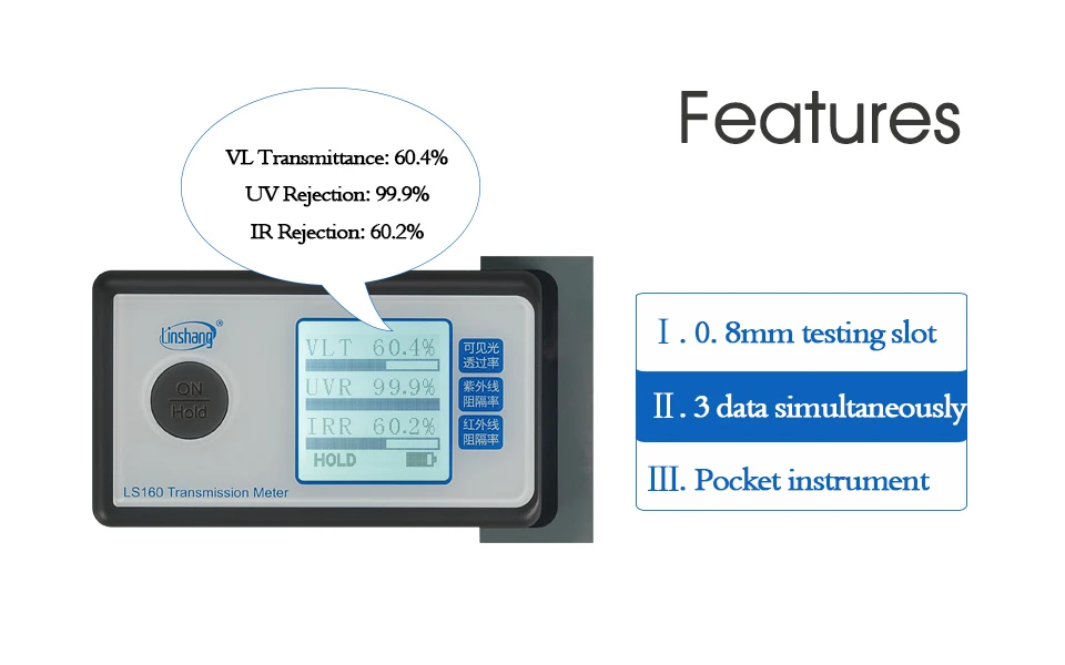 Linshang LS160 Portable Transmission Meter Test Solar Film UV 950nm IR Rejection Visible Light Transmittance solar film transmission meter