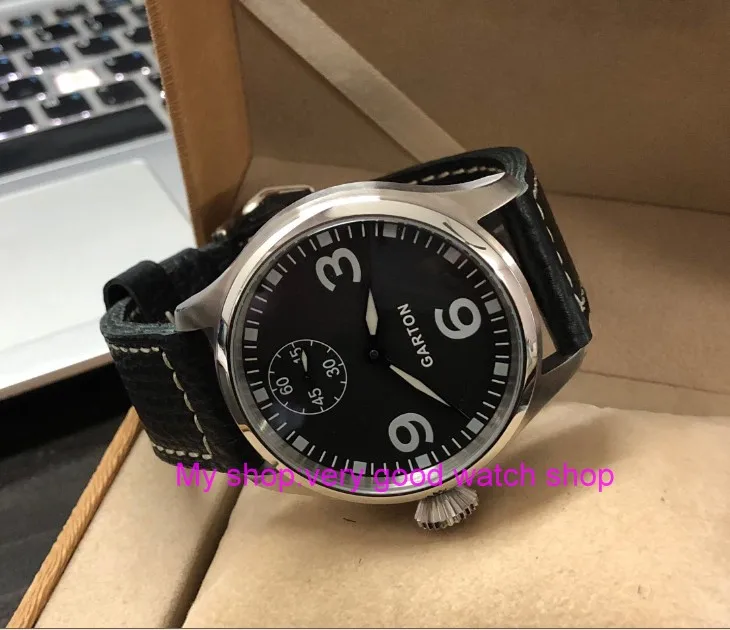 الأزرق مضيئة اليد اليسرى نمط 47 مللي متر الأسود الهاتفي الآسيوية 6498 الميكانيكية اليد الرياح حركة الرجال الساعات ساعات آلية PA54-8