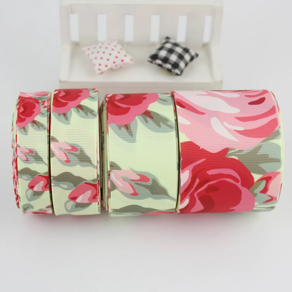 

New yellow printed rose ribbon flowers transfer Printed grosgrain Wedding Accessories DIY handmade 16mm 22mm 25mm 38mm 57mm 75mm