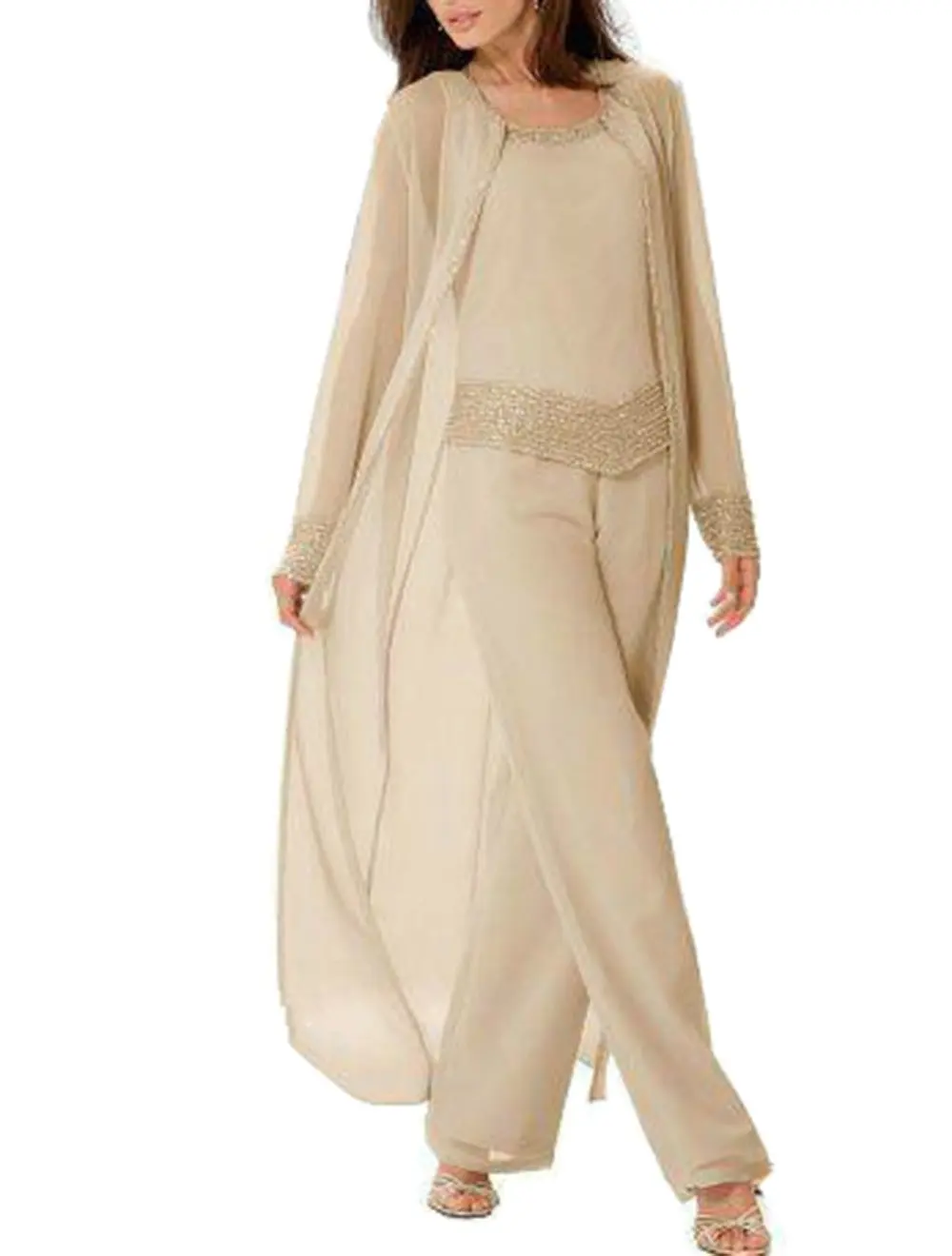 Vrouwen 3 Stuks Elegant Kralen Chiffon Moeder Van De Bruid Jurk Broek Pak Met Lange Jas Outfit Lange Mouwen Voor bruiloft Vrouwen 3 Stuks Elegant Kralen Chiffon Moeder Van De Bruid Jurk Broek Pak Met Lange Jas Outfit Lange Mouwen Voor bruiloft