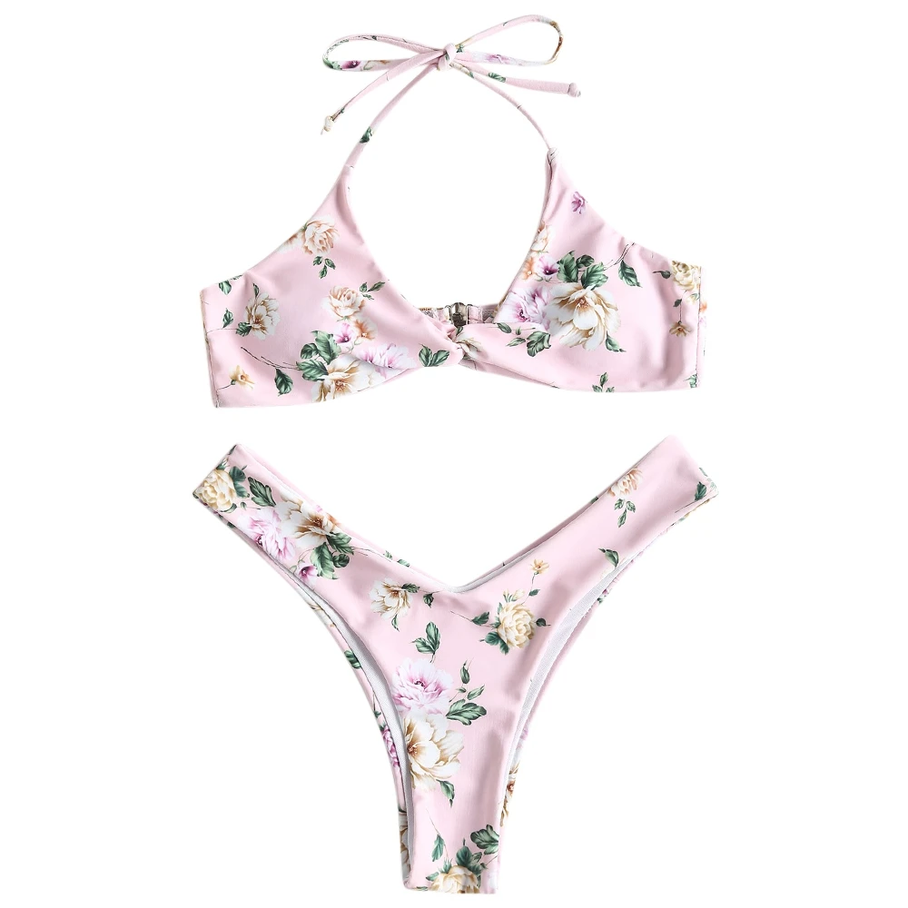 

Women Mid Waist Padded Bikini Set Wire Free Spaghetti Straps Bandeau Bikini Set Lady Swimsuit Beach Bath Floral Print Swimwear