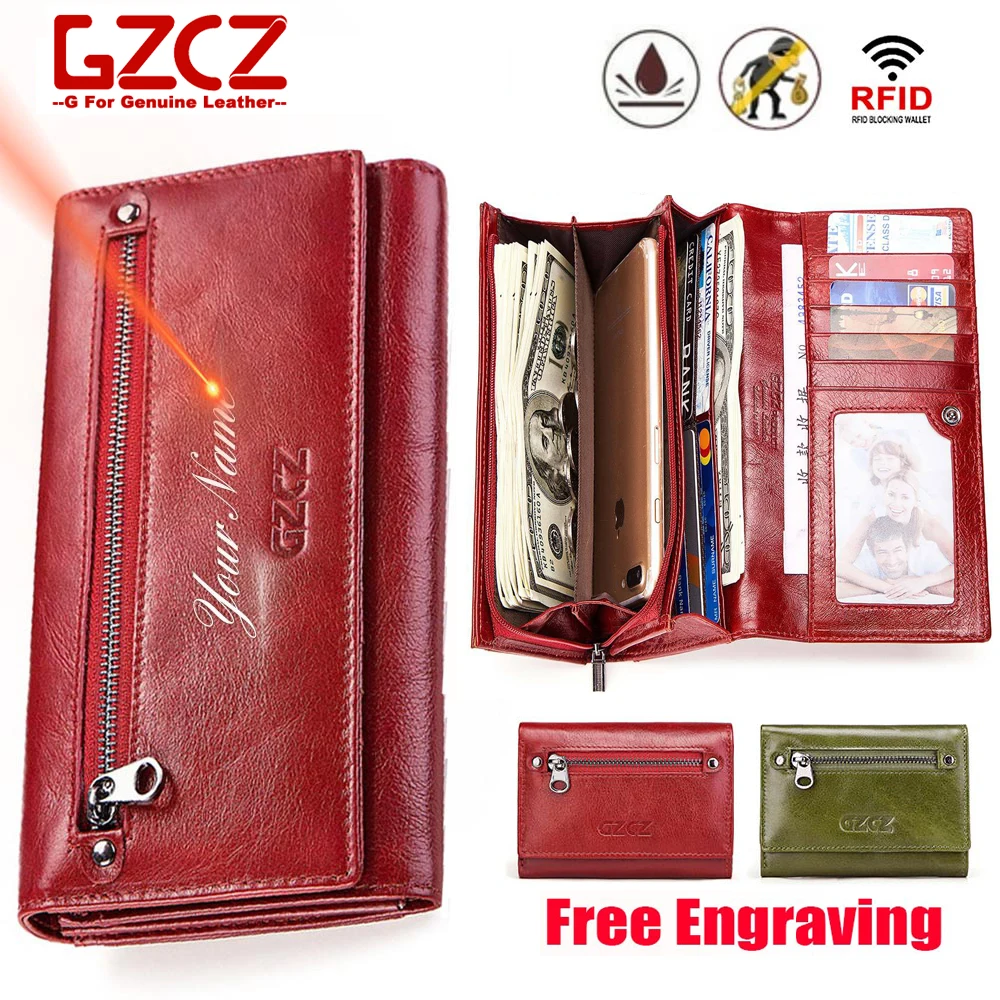 

GZCZ Customized Women Genuine Leather Wallet RFID Female Engraving Purse Zipper Long Valet Portomonee Clutch gift for girlfriend