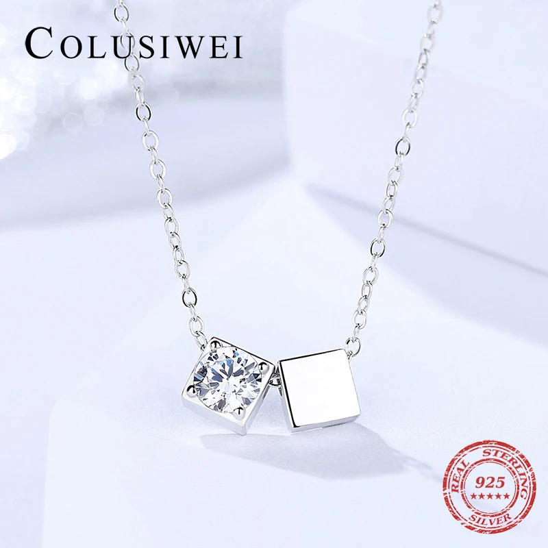 

High Quality 925 Sterling Silver Clear CZ Charms Simple Square Shape Design Chain Pendant Necklaces For Women Luxury Jewelry