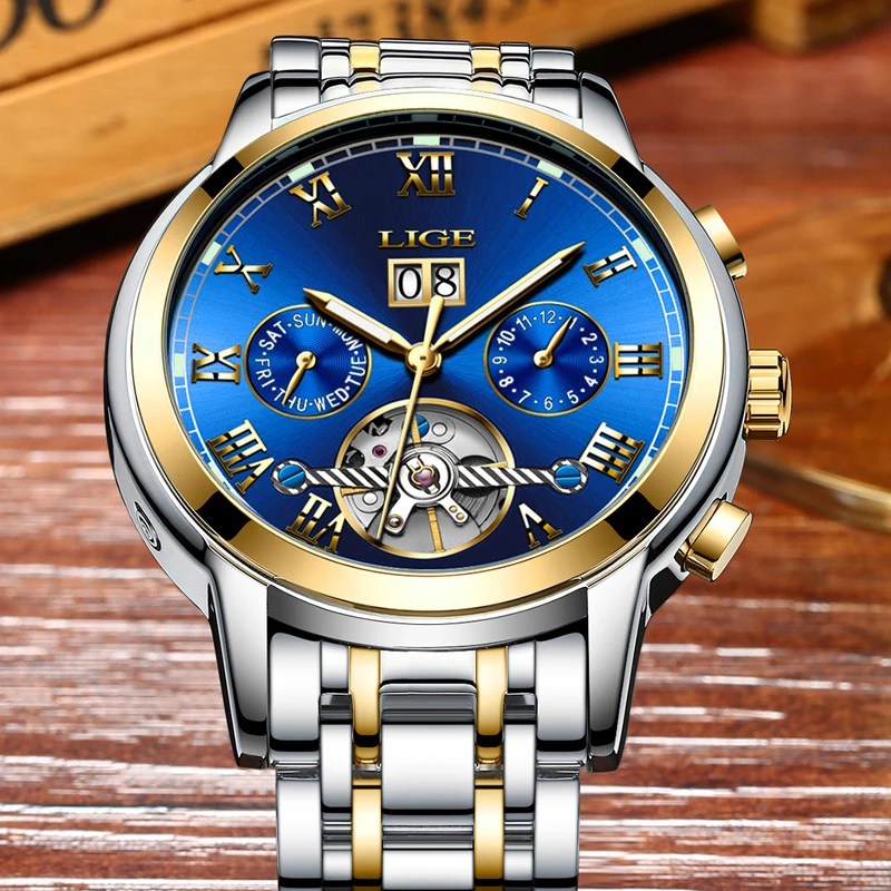 

LIGE Mens Watches Top Brand Luxury Men's Automatic Watch Men Business Waterproof Mechanical Watch Skeleton Watch Erkek Kol Saati