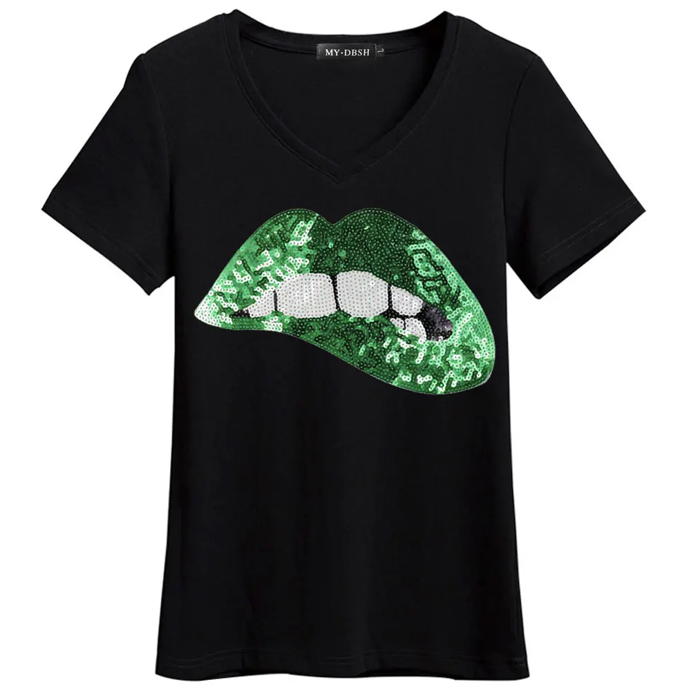 Для женщин летние женские Футболки модные, пикантные блестки вышивка губ футболка Повседневное хлопок короткий рукав бренд футболка c круглым вырезом - Цвет: V-BlackGreen