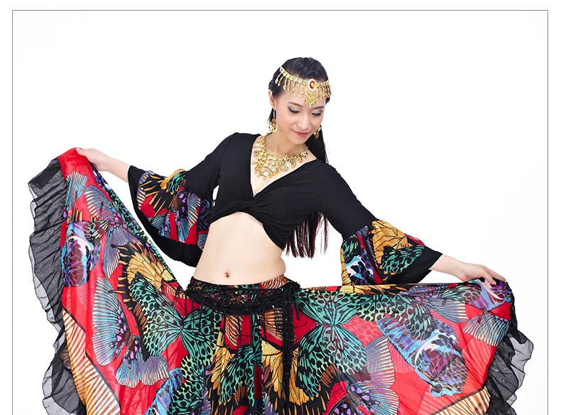 720 градусов Племенной танец живота представление женский наряд 2 шт. Комплект топ и юбка бабочка шаблон полный круг цыганские костюмы