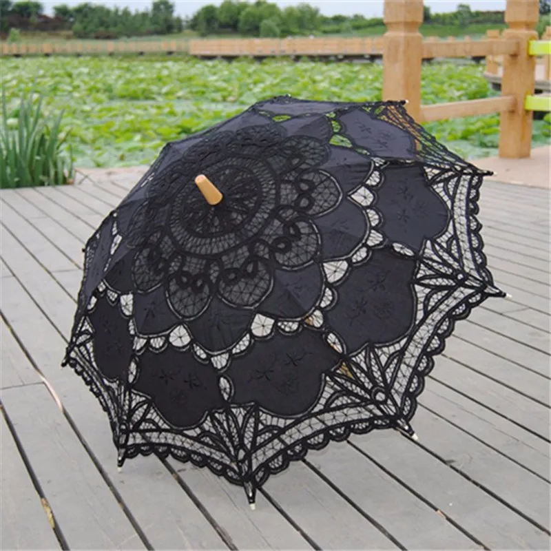 2016 Black Parasol Bridal Wedding Handmade Embroidered Cotton Black Lace Edge Sun Umbrella