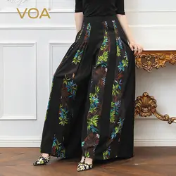 VOA тяжелый шелк макси длинные широкие брюки для женщин; Большие размеры Boho печати Свободные Palazzo брюк Повседневное черный середины талии