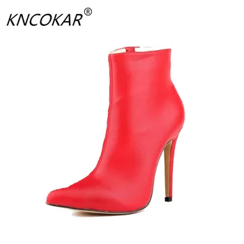 

KNCOKAR 2017 fashion Asian women's shoes pointed end zipper design ultra high heels with short single boot and low-cut boots