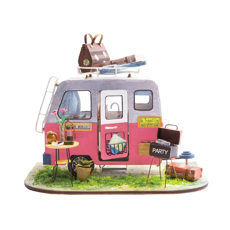 

DIY Kids Happy Camper Dollhouse And Furniture Children Adult Miniature Wooden Doll House Model Building Kits Gift Toys
