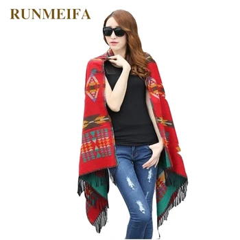

[RUNMEIFA] 2017 Women Bohemian Hooded Coat Cape Poncho Shawl Scarf Tribal Fringe Hoodie Jacket