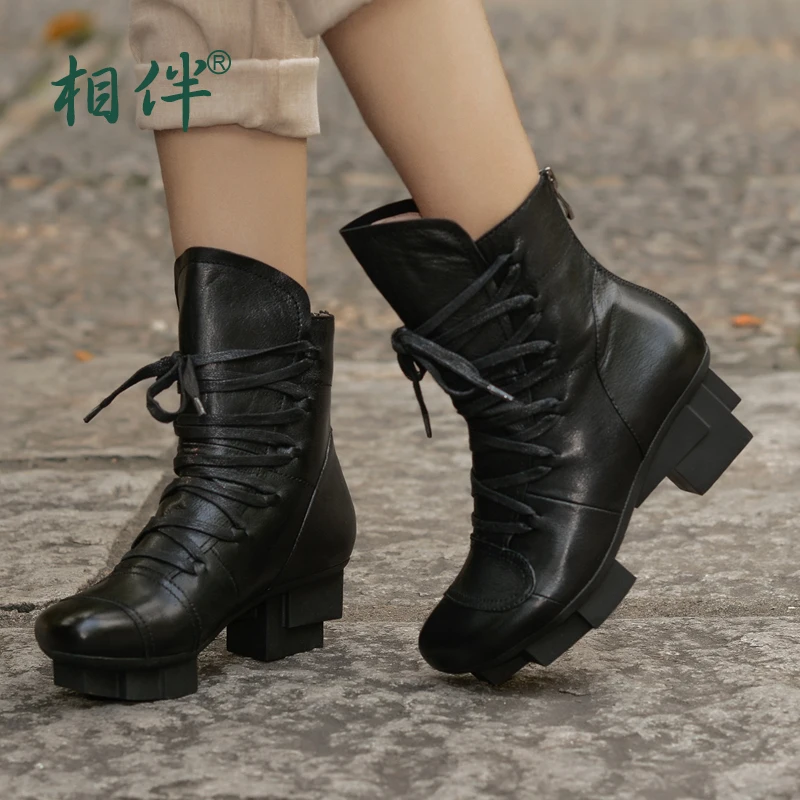 2016 autumn and winter women leather shoes platform comfortable black lacing up boots Martin pointed toe waterproof work boots