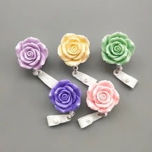 15Pcs/Lot Colorful Resin Rose Design Nurse Retractable Badge Reel Holder Pull ID Card Badge Holder Belt Clip Hospital School