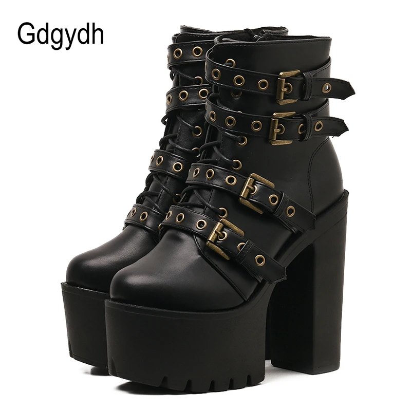 Gdgydh/пикантные Черные ботильоны с заклепками; женская обувь на платформе из мягкой кожи; сезон осень-зима; женские ботинки на молнии; обувь на очень высоком каблуке