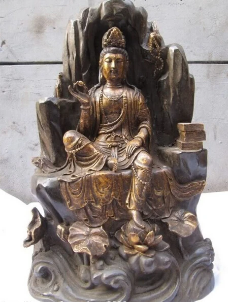 

shitou 001294 17"Chinese Bronze lotus Freedom Sit Bodhisattva Kwan-Yin Guan Yin Buddha Statue