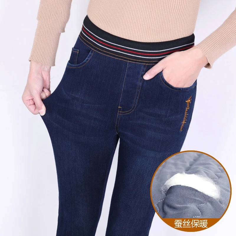 2019 новые женские теплые джинсы деловые повседневные толстые теплые тонкие эластичные брюки женские джинсовые брюки Черная синяя