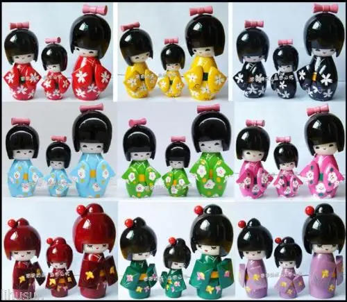 

7 colors 3pieces/1set Cute Handmade Oriental Japanese pink Kokeshi Girls Wooden Dolls(14CM/12CM/10CM)