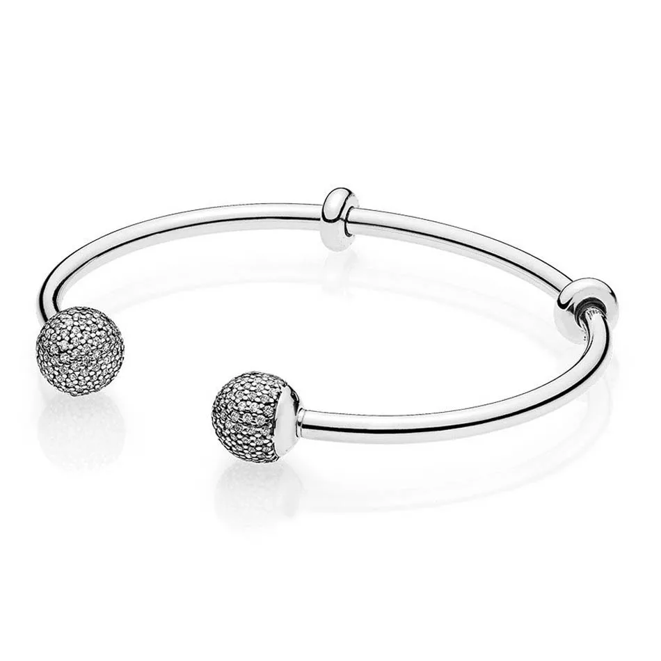 

Authentic S925 Sterling Silver Bracelet for Women Pave Ball Signature Clasps fit Pandora Beads Charms Pendants Dangles