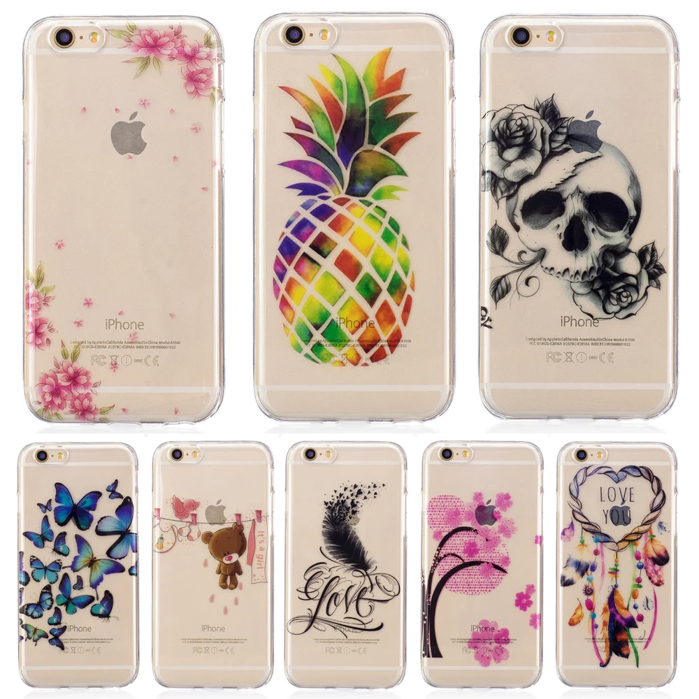 Прозрачный Ананас Череп Цветок для Coque iPhone 6 силиконовый чехол ясно ТПУ мягкий S