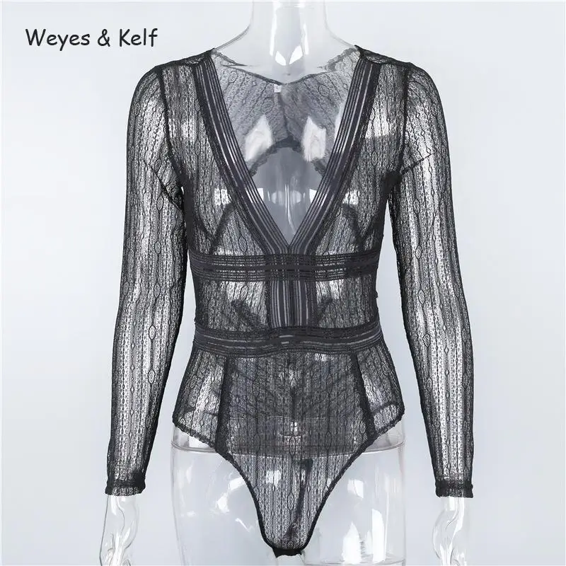 Женское Кружевное боди Weyes & Kelf с глубоким V образным вырезом и длинным рукавом