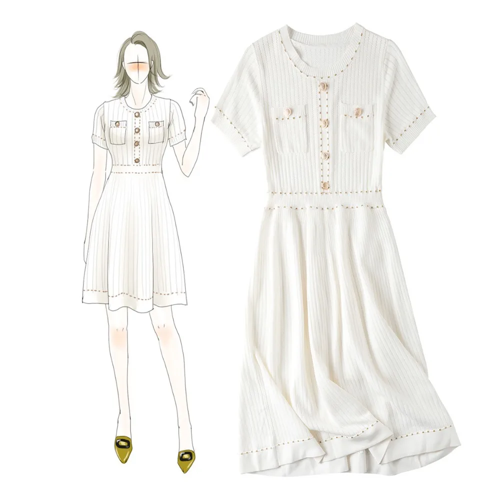 

France style elegant women's buttons knitted dress New brand design short sleeves summer knitting dress A265