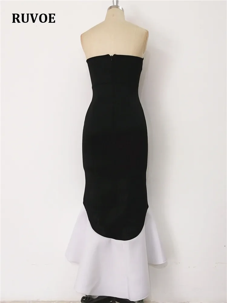 Women-Long-Party-Dress-Sexy-Ruffle-Patchwork-Black-White-Contrast-Color-Tight-Elegant-Celebrate-Dinner-Evening