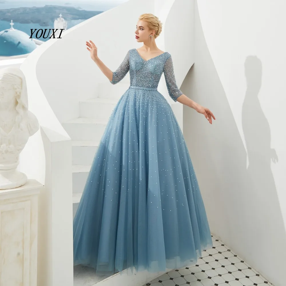 

Blue Evening Dresses 2019 Tulle 3/4 Three Quarter Sleeve V Neck Long Floor Length Lace Up Prom Formal Party Gown YOUXI