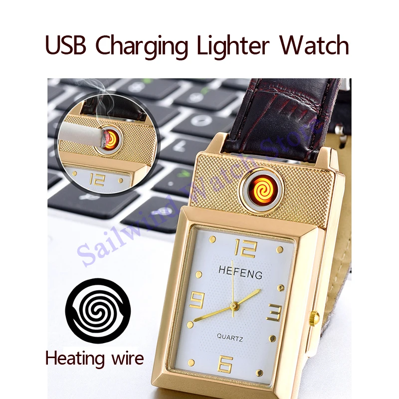 Перезаряжаемые беспламенные USB зажигалки часы relogio masculino ветрозащитные сигаретные часы с зажигалкой Hodinky Мужские кварцевые наручные часы